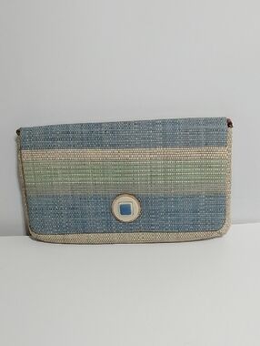 Woven Stripe Straw Clutch Bag in Blue Green And Cream Inner And Back Pocket